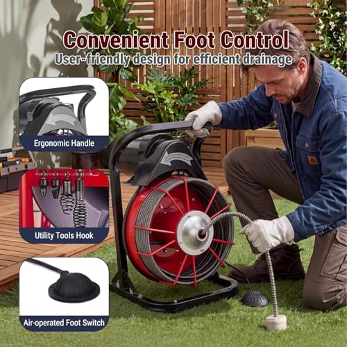 HoldwellS 75FT x 3/8 Inch Drain Cleaner Machine, Manual Feed Sewer Snake, Stationary Portable Drain Auger Equipped with 4 Cutters & Air-Activated Foot Switch for for 2-4 inch Pipes - color: 75FT x 3/8inch (Manual Feed)