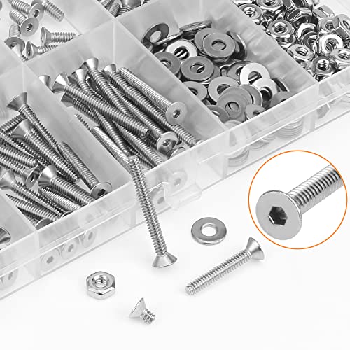 HELIFOUNER 250 Pieces #4-40 x 3/16" 1/4" 5/16" 3/8" 1/2" 5/8" 3/4" 1", Countersunk Head Socket Cap Screws Bolts Washers Nuts Kit, Coarse Thread, Fully Machine Threaded, 304 Stainless Steel - size: #4-40, style: Countersunk Head