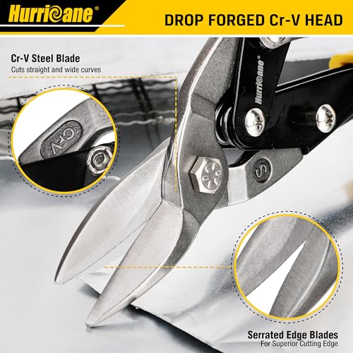 HURRICANE 3 pc Aviation Tin Snips Set, 10 Inch Metal Shears for Straight, Left & Right Curves, Cr-V Steel Blades, Non-Slip TyreGrip Handle, Safety Latch, for Sheet Metal, Gutter, HVAC, DIY - size: 3 Piece Regular Set: Straight, Left, Right