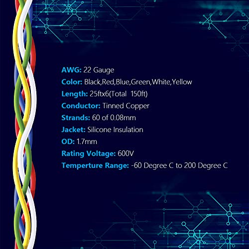 Fermerry 22 AWG Stranded Wire Spool 25ft Each 6 Colors - size: 25FT, style: 22 AWG-6C