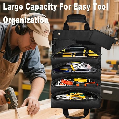 Heavy Duty Roll Up Tool Bag Organizer w/Detachable Pouches, Gifts for Men - color: Black