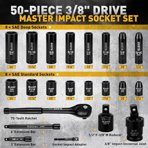 ELEAD 3/8" Drive Impact Socket Set - 50-Piece SAE (5/16" to 3/4") & Metric (8-22mm), 6-Point CR-V Steel Deep & Shallow Sockets with Ratchet Handle, Universal Joint, Extension Bar, Adapter - color: 3/8'' Drive Impact Socket Set Black