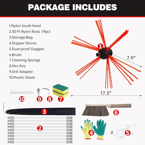 30 Feet Chimney Sweep Kit, Chrome Button Locking System, Chimney Cleaning Kit, Chimney Brush, Chimney Cleaning Tool, Chimney Cleaning System with 9 Flexible Chimney Rods - size: 30 FT