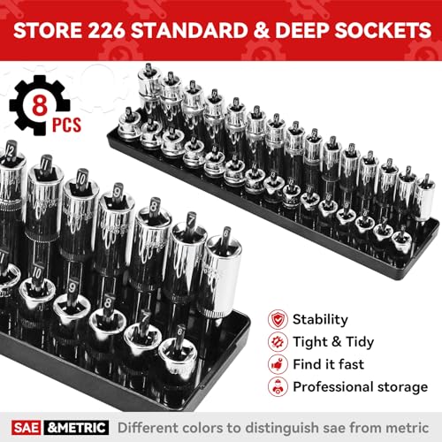 AIUITIO Socket Organizer Tray Set,8-Piece Socket Holder Set Includes 2PCS 1/4", 4PCS 3/8", 2PCS 1/2" Drive Metric SAE Socket Trays, Store 226 Pieces Standard and Deep Sockets - size: 226 Socket Capacity