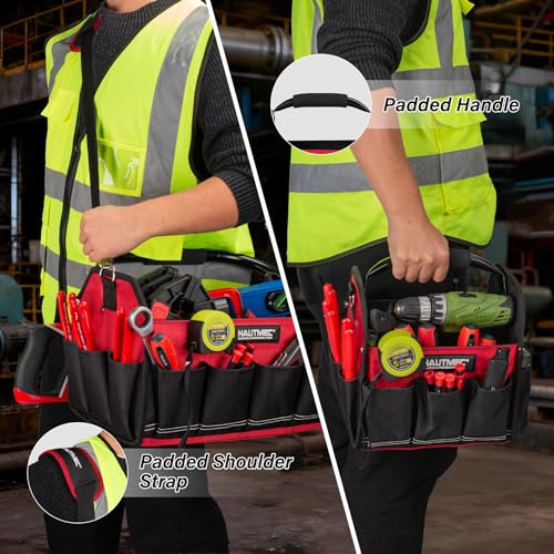 HAUTMEC 3PCS Heavy-Duty Tool Tote Bag Set, 1680D Large Tool Bags with Rigid Frame, Foldable Handle & Padded Shoulder Strap, Water-Resistant Hard Base, Multi-Pocket Tool Box Organizer – HTTBH25052 - style: Tool Tote | 3-Piece