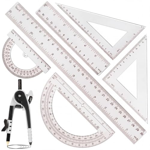 Zonon 7 Pcs Geometry Math Set with Compass Protractor Rulers, Clear - color: Clear