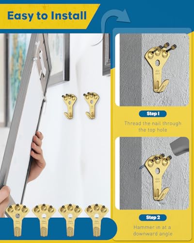 Uniclife 10 Pcs 100 lb Heavy Duty Picture Hangers for Drywall & Wood, Picture Hanging Hooks with Nails, Picture Hanging Hardware, Frame Hooks Picture Hooks for Hanging Photos Mirrors Paintings - size: 10 Pieces, style: Gold