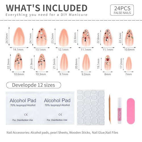 Mivota Press On Nails Almond Medium with Rhinestones, Nude Acrylic Fake Nails 24PCS, Glossy Crystal Stick On Nails, Reusable Glue On Nails Kit with Tools, Sparkly Luxury Party Nails for Women - color: 3D-75-Nude