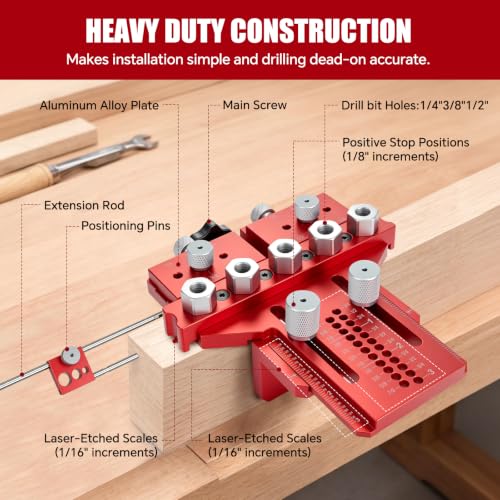 Dowel Jig Kit with Position Stop & Clamp, Full-Featured Doweling Jig | Self Centering Doweling Jig for 1/4",3/8",1/2" Drill Bits, Exact Straight Holes in Any Thickness Wood for Furniture, Cabinet
