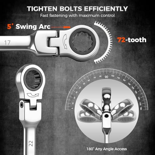 HORUSDY 12-Piece Metric Flex-Head Ratcheting Wrench Set 8-22mm, CR-V Ratchet Combination Wrenches with 72T 180° Flex Head, Magnetic Holder & Tool Bag for Auto, Motorcycle, Home & Repair - style: 12-Piece Metric Flex-Head Ratcheting - New Version