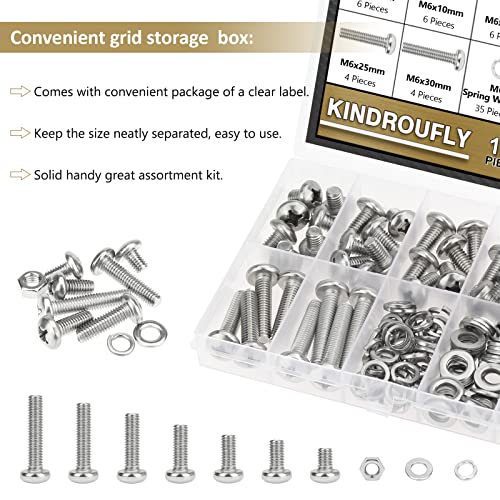126 Pieces M6 x 8/10 /12/16 /20/25 /30mm Phillips Pan Head Machine Screws Nuts Washers Assortment Kit, 304 Stainless Steel, Fully Machine Thread - size: M6
