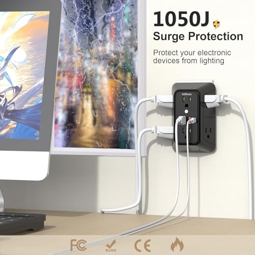 JcBlaon 3 Pack Outlet Extender Surge Protector, 6 Outlet Splitter with 4 USB Ports (2 USB C),1050J 3-Sided Multi Plug Wall Outlet, USB Wall Charger for Home Office Kitchen Travel（Black）-ETL - color: Black 3PCS