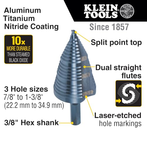 Klein Tools KTSB15 Step Drill Bit #15 Double Fluted 7/8 to 1-3/8-Inch with Easy-to-Read Step Markings and Targets, 3/8-Inch Hex Shank - size: 7/8 to 1-3/8-Inch, style: Standard