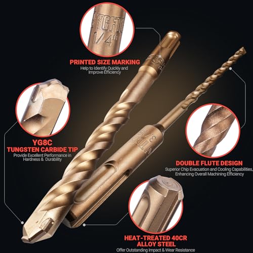 TGFTGF 6-Piece Rotary Hammer Drill Bit and Chisel Set, YG8C Carbide Tip, SDS Plus Concrete Drill Bits, Masonry Drill Bit Set for Stone Brick with Storage Case, Ideal Tools for DIY Home Gift Men Friend - size: 6PCS