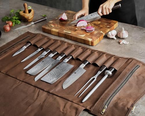 XINZUO Chef Knife Roll Bag-Professional Chef Knife Case-16oz Waxed Canvas and Crazy Horse Leather -With 12 Slots Plus 2 Zipper Pockets to Hold Kitchen Cooking Tools-Travel Tool Roll Pouch(Bag Only) - color: Brown