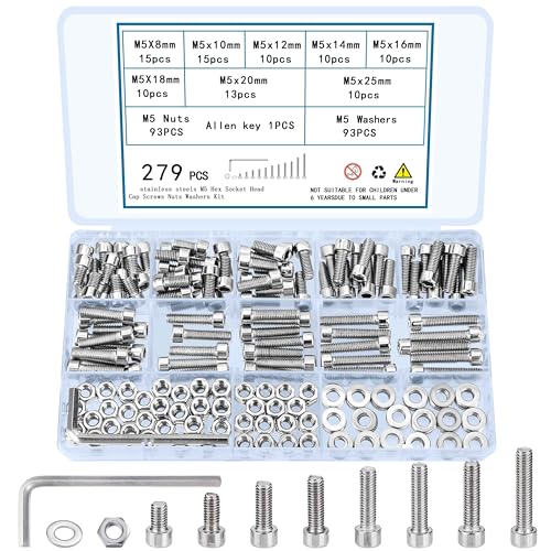 279 Pcs M5 Screws and Nuts Set, Hex Socket Head Cap Screws, Washers Kit - Stainless Steel Metric Machine Screw Assortment, Fully Threaded Hex Nuts and Bolts - size: M5