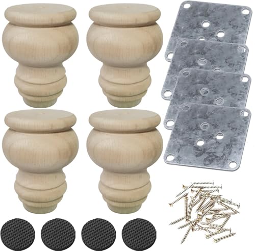 3 Inch Wooden Furniture Legs Unfinished Wood Bun feet, Sofa Replacement Legs for Armchair Cabinet Chair Dresser Home DIY Projects Set of 4 - size: 3 Inch
