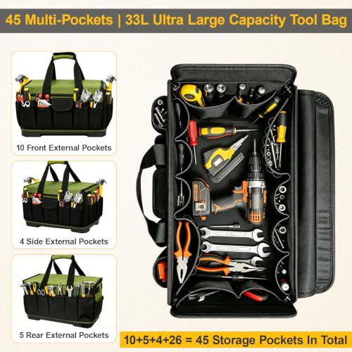 18-Inch Heavy Duty Tool Bag, 45-Pocket Large Capacity Tool Organizer with Hard Base & Waterproof Pocket, Tear-Resistant Electrician Tool Tote for HVAC, Mechanic, Carpenter