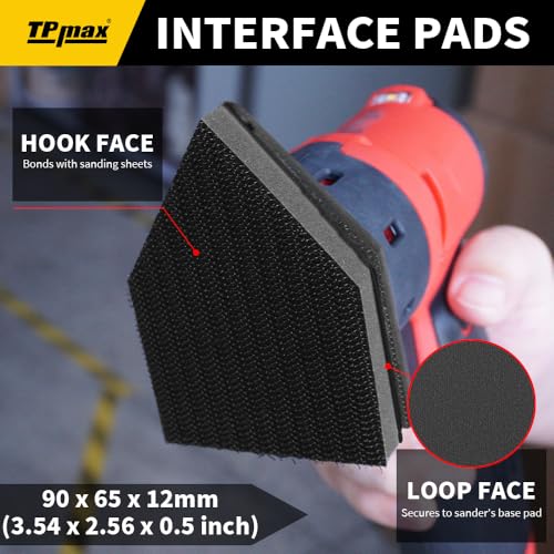 TPmax 102 Pack 90x65mm Detail Sander Set Compatible with Milwaukee M12, 60/120/180/240/320 Grit Sandpaper & 2 Interface Pads, Heavy Duty Hook & Loop Anti Clogging Polyester Film - size: Mixed Grit with 2 Interface Pads
