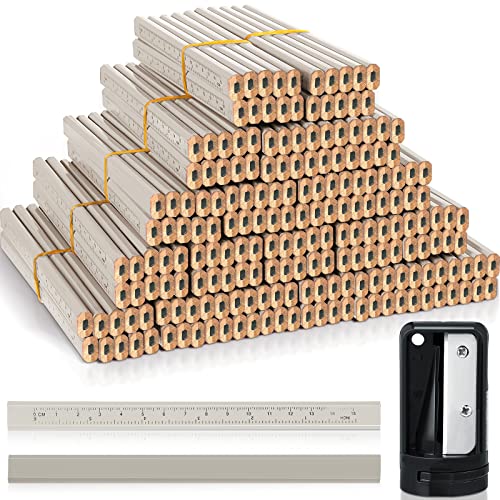 Honoson 200 Pcs Flat Construction Pencils with Printed Ruler Wood Graphite 2 Pcs Carpenter Pencil Sharpener for Woodworking Marking Tool(White) - color: White