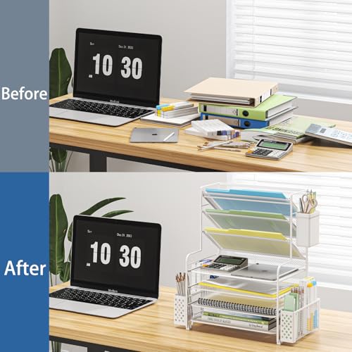Simple Trending 7 Tier Desk File Organizer, Letter Tray Paper Organizer with Pen Holder and Metal Hanging Basket, White - color: Pen holder White