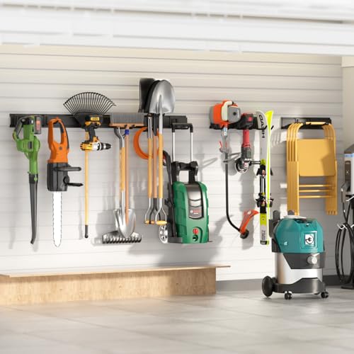 64 Inches Garage Storage, UUP Garage Organization Wall Mount Garden Tool Organizer, 620lbs Adjustable Metal Hooks, Yard Shed Rail Rack, Lawn Tool Holder for Hanging Rake Broom Mop Snowboard, Home Gift - size: 64" Alloy Steel with 4 Panels & 10 Hooks