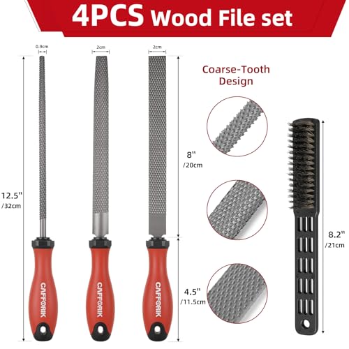 4PCS Wood Rasp File Set, 8-Inch, High-strength carbon steel, Flat/Half-round/Round Wood file with Handle, Wire Brush, For Woodworking