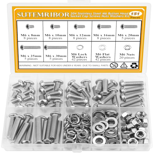 151 Pieces M6 Screws Nuts Washers Set, Sutemribor M6 x 8/10/12/16/20/25/30mm Button Head Socket Cap Screws Nuts Washers Assortment Kit, 304 Stainless Steel, Fully Threaded - size: M6, style: Button Head Socket Cap