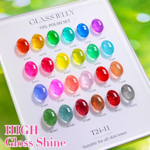 Double Rhythm 28Pcs 0.5Oz Gel Nail Polish Set Same Color Same Bottle Gel Polish Kit Nail Art Manicure Salon DIY at Home for Women (Neon Jelly Sheer Collection-T24-11) - color: Bright Red Green Blue
