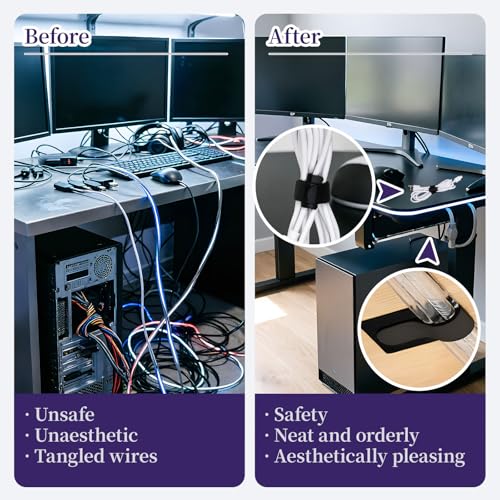 80 Pack Cable Management Kit, Adjustable Hook and Loop Cable Ties, Heavy Duty Detachable Cable Straps and Self Adhesive Hooks, Reusable Cord Holder, Cable Hider for Desk/TV/Home Office, Black