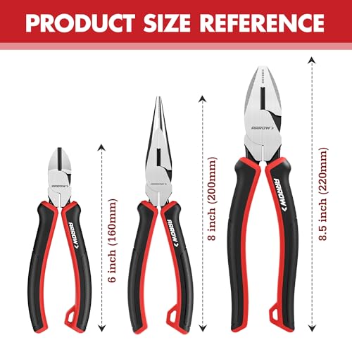 ARROW 3PC Pliers Set, Linesman Needle Nose Diagonal Cutting Pliers