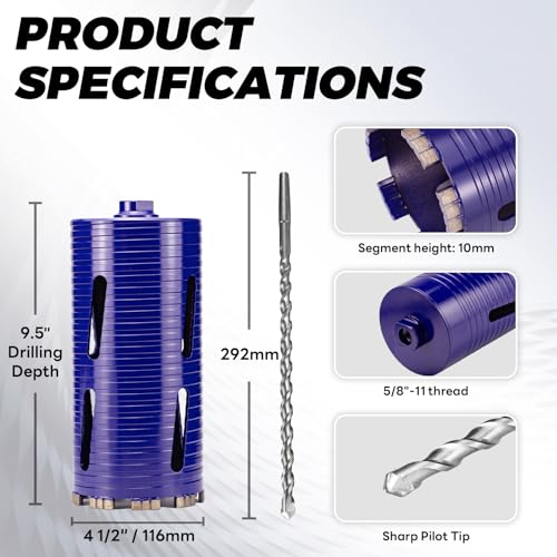 4-1/2" Core Drill Bit with Pilot Bit & Adapters(SDS Plus and 1/2" Hex), 5/8"-11 Thread, 9.5" Depth, Upgraded-Welded Segments Diamond Core Bits for Concrete, Masonry, Brick Block - size: 4-1/2"