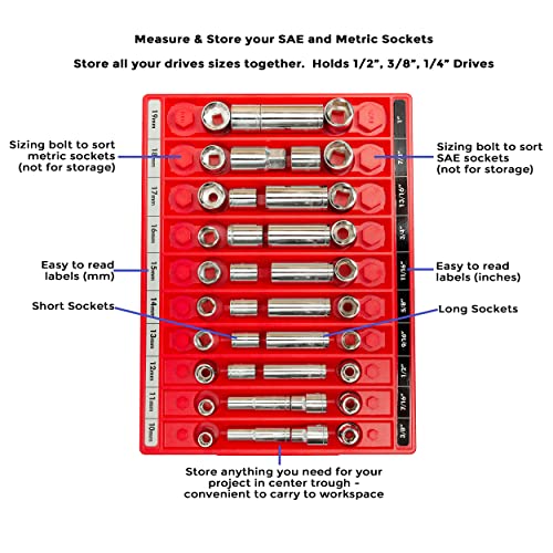 TOOL SORTER SOCKET ORGANIZER (RED) | Reduce Frustration, Save time| Easy-to-Read Labels | Metric & SAE | Professional Quality Tool Organizer | Made in USA