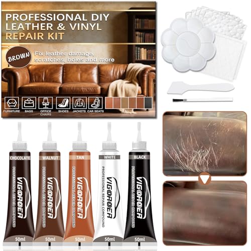 Vigorder Brown Leather Repair Kit for Furniture, Leather Couch Repair Kit for Furniture, Sofa, Jacket, Purse – Super Easy Instructions to Fix Scratches, Tears, Holes, and Peeling - color: Brown