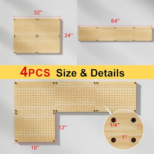 VOIMO Bamboo Peg board Wall Organizer, 4 Panels, 16 x 12 in, 35 Hooks - size: 16'' X 12'' (4 Panels)