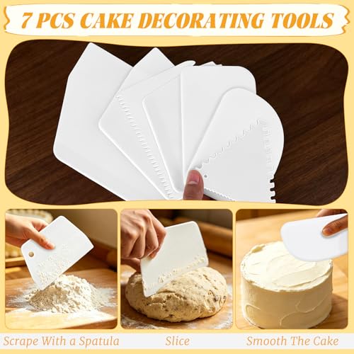 LNAUJS 7-Piece Cake Scraper and Smoother Set, Plastic Cake Decorating Tools Kit for Buttercream Icing, Fondant, Cookies, Pizza Dough & Baking - Multi-Purpose Cake Scraper and Kitchen Utensils (White)
