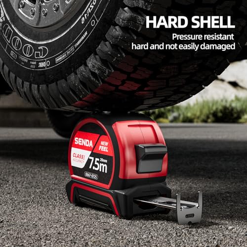 SENDA Tape Measure 25FT with 1/8 Fraction, Double-Hook Measuring Tape Retractable with 1 Inch Wide Blade & Belt Clip, ABS TPR Rubber Protection,Matte Nylon-Coated Blade for DIY, Construction (1 Pack) - color: Red, size: 25 FT