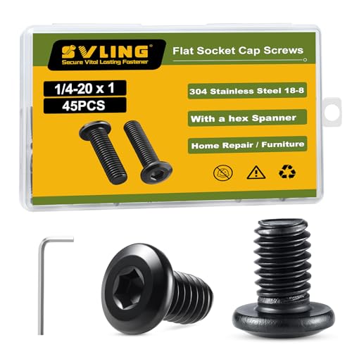 1/4-20 x 1 Bolt, 45PCS Flat Head Hex Socket Cap Screws Bolts, 304 Stainless Steel 18-8, Fully Threaded, Black Zinc Finish, with Hex Spanner - color: Black, size: 1/4-20 x 1