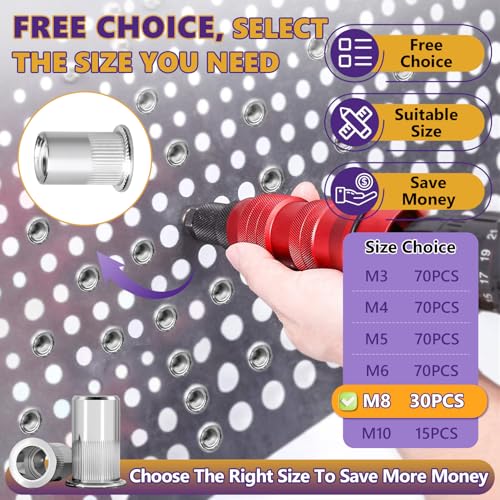 30Pcs M8-1.25mm Rivet Nut Set Flat Head 304 Stainless Steel | High Ductility & Rust Resistant, For Furniture, Automotive and Industrial Applications, Storage Case Included - size: 30Pcs-M8