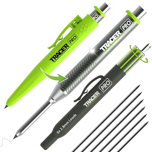 Tracer Pro Aluminum Deep Hole Construction Pencil - Durable Mechanical Carpenter Pencils Set with Sharpener & 6 Replacement Leads Holster Woodworking Marking Tool Contractor Pencil Kit - style: 2.8mm Deep Hole