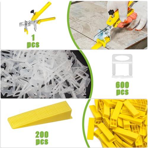 Tile Leveling System 1/16”Kit, 600pcs Tile Leveler Spacers Clips+200pcs Reusable Wedges+1pc Tile Pliers for Wall/Floor Tile Adjustment, Tile Leveler Tool Set for Tile & Stone Installation(1/16"Yellow) - size: 1/16"