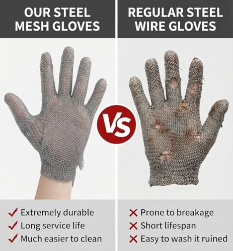 A9 Cut Resistant Stainless Steel Metal Mesh Chainmail Gloves,Metal Gloves, Food Grade For Kitchen Cooking, Butcher Meat Cutting, Oyster Shucking, Mandoline, 5 Finger,Fish Fillet (L) - size: Large (Pack of 1), style: Steel Ring
