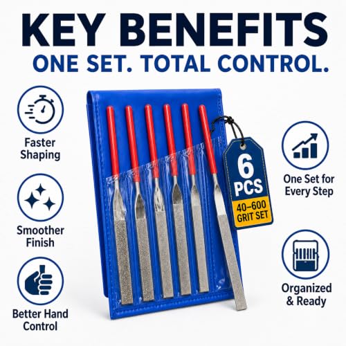 Drilax 6-Pc Diamond File Set, Flat Hand Files (40–600 Grit) Heavy-Duty Diamond Sharpening & Finishing Tools for Glass, Jewelry, Stone, Metal Precision Craft Files for DIY, Workshop & Professional Use