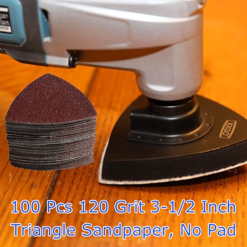 XXGO 100 Pcs 120 Grits 3-1/2 Inch 90mm Triangular Sandpaper for Multitool | Strong Velcro , Hook & Loop Design , XXGO LOGO , Triangle - size: 3-1/2 Inch 120 Grit - 100 Pcs