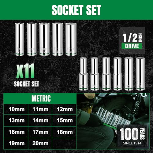 SK 1/2" Drive Socket Set, Deep Metric Sockets, 11-Piece 10-20mm - size: Deep, style: Metric
