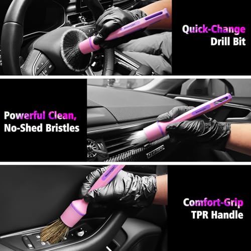 YeewayVeh 3PCS Car Detailing Drill Brush Set, Mixed Detail Brushes, Pink - color: Pink