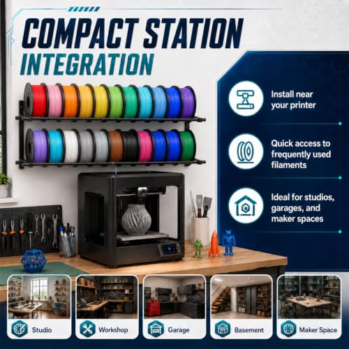 3D Printer Filament Storage Rack Wall Mount, 2 Tier Foldable Metal Shelving with Adjustable Hole Spacing for TPU ABS Nylon, 3D Printer Accessories for Studio Garage Workshop