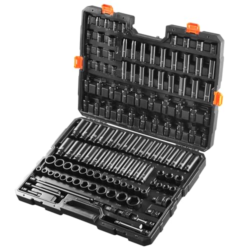 VEVOR Impact Socket Set 130 Piece 3/8" & 1/2" - SAE & Metric Drive Socket Set - 6 Point Cr-Mo Alloy Steel for Auto Repair - Easy-to-Read Size Markings - Includes Storage Case - size: 1/2" 3/8" 130 PCS