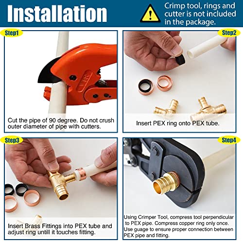 12PCS PEX Fitting Combo with 1/2'' Straight Coupling (4PCS), 1/2" 90 Degree Elbow (4PCS), 1/2" PEX Tees(4PCS), Brass Barb Crimp Pipe Hose Fittings in Plumbing Jobs