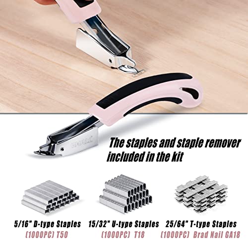 SHALL Staple Gun Heavy Duty, 3-in-1 Upholstery Staple Gun Kit with 3000 Staples, Stapler Remover, Manual Brad Nailer with Specific Staples Outlet Position Indicator - color: Pink, size: 3-in-1
